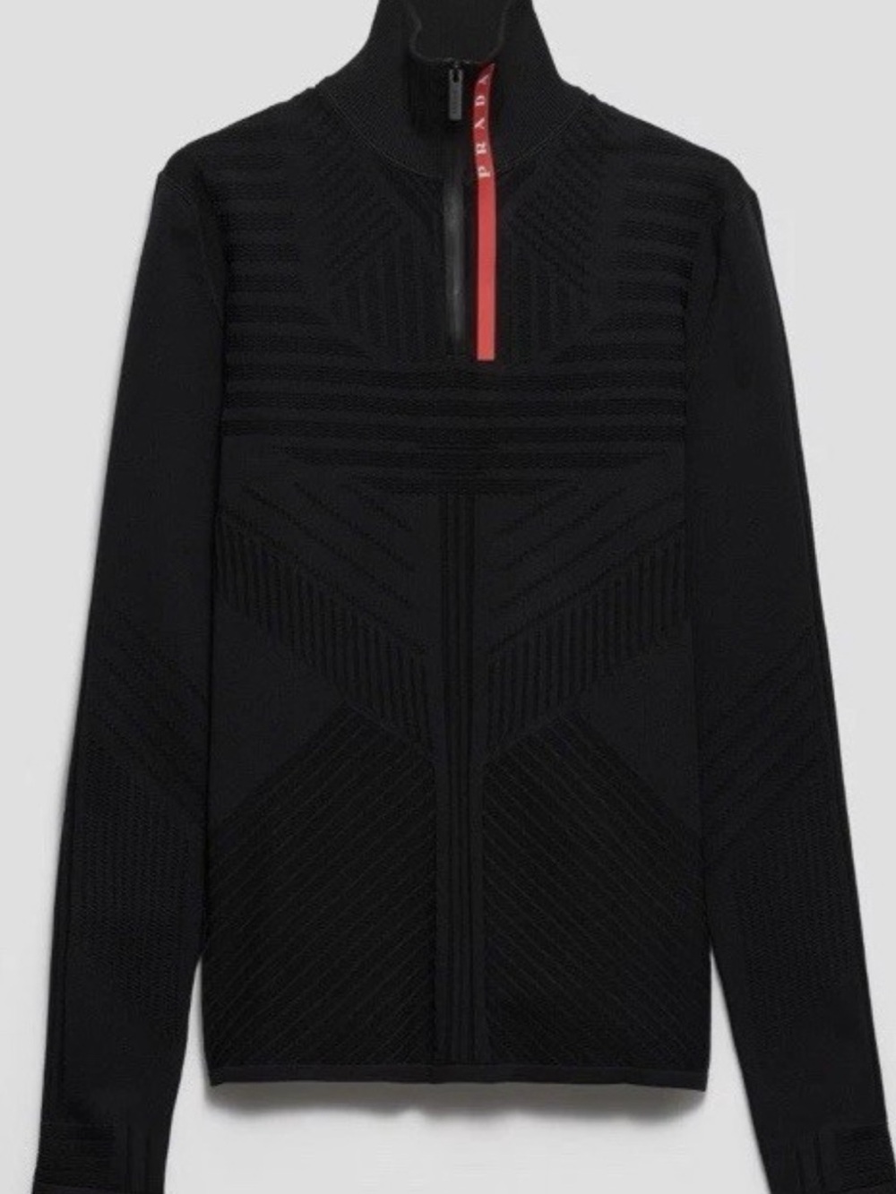 Prada Black Men's Zip-Up Textured Sweater with Red Zip Trim size M